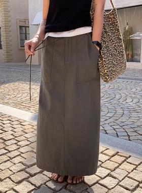 one seven水洗做旧高腰直筒半身裙女2026春秋宽松百搭中长款裙子