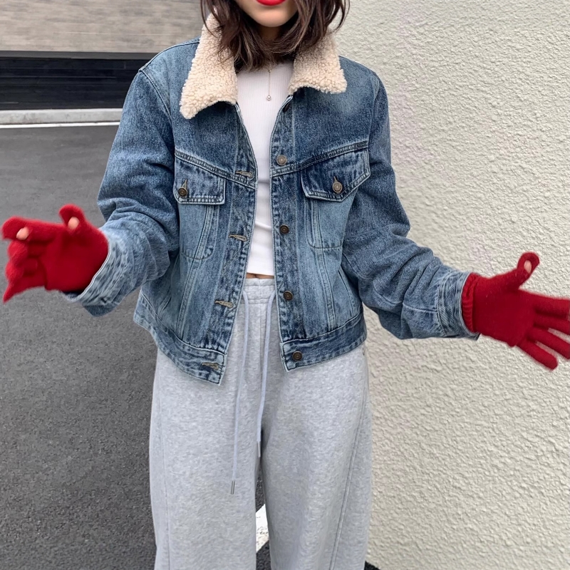 one seven复古羊羔毛牛仔外套女2025冬宽松加绒保暖港风短款夹克