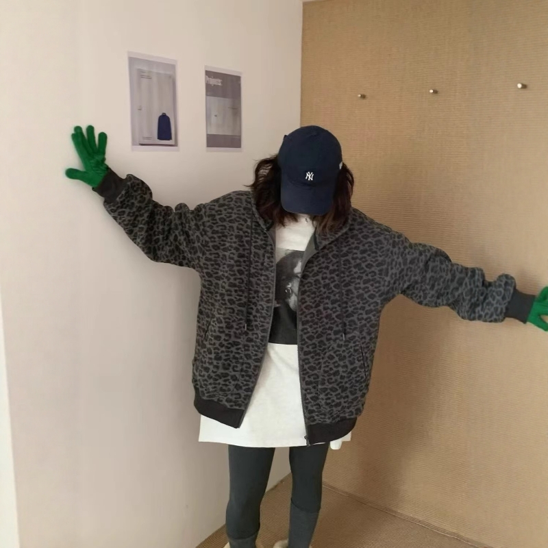 大版豹纹加绒连帽开衫卫衣女外套