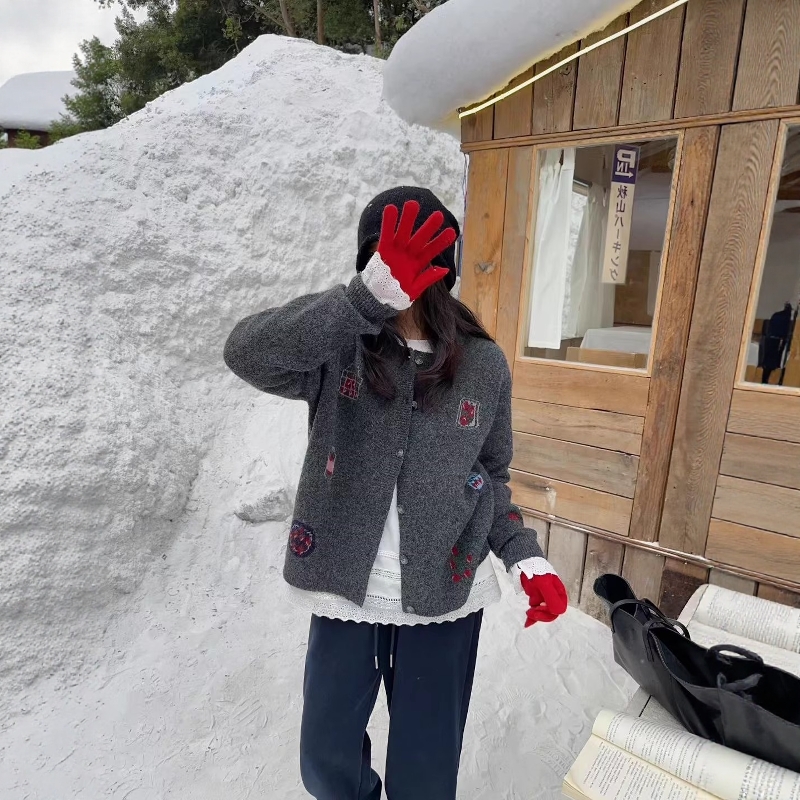 欧货趣味卡通提花圆领针织开衫女2025秋冬宽松百搭叠穿毛衣外套潮