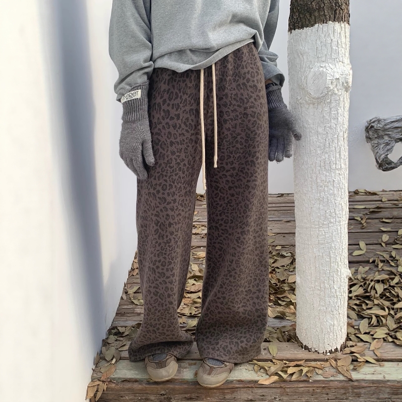 one seven韩版加绒豹纹阔腿运动卫裤女2025冬高腰显瘦直筒休闲裤