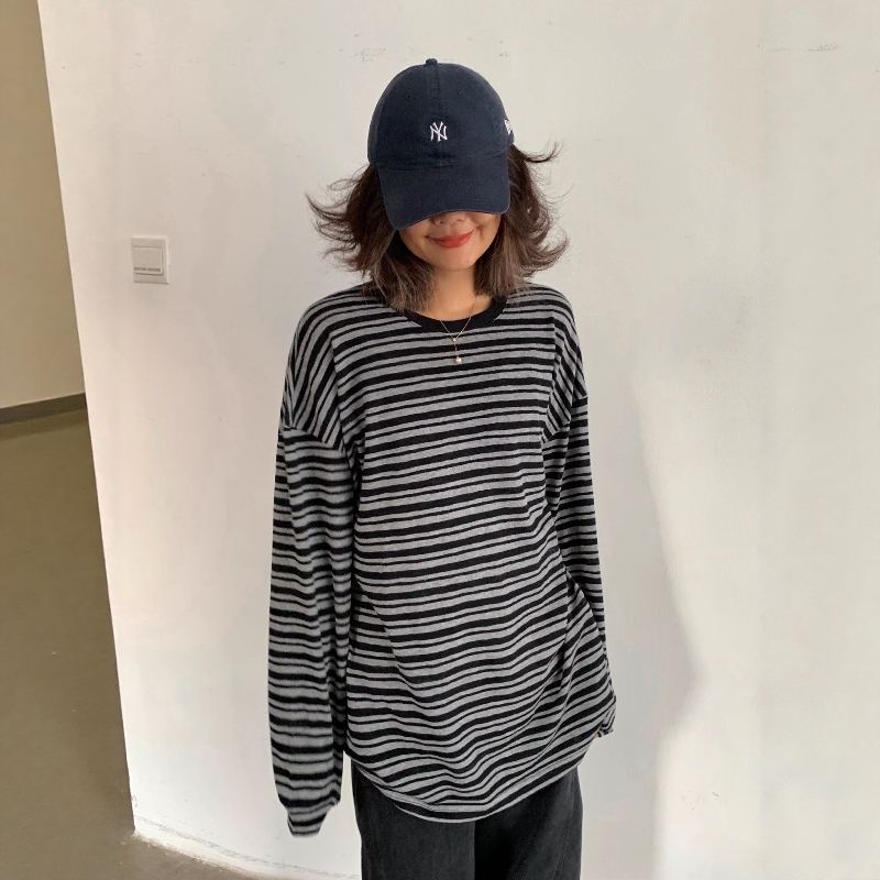 休闲百搭条纹中长款长袖T恤女
