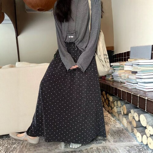 one seven韩系简约抽绳半身裙女2026早秋高腰显瘦后开叉a字裙长裙