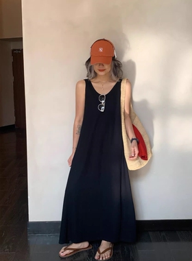 one seven黑色背心裙女2026春显瘦中长款铜氨丝连衣裙复古打底裙