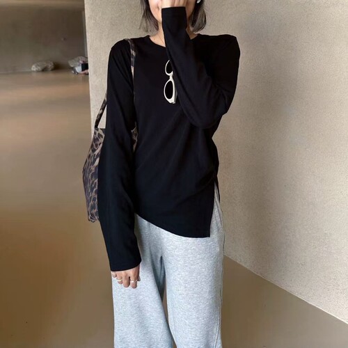 one seven不规则抽褶长袖T恤女2026早秋圆领收腰显瘦打底衫上衣潮