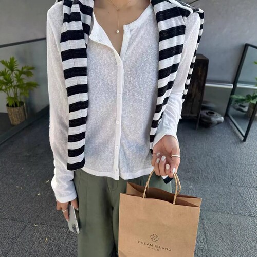 one seven薄料螺纹圆领长袖开衫女2026早秋宽松显瘦单排扣上衣潮