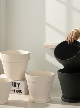 奶油风ins极简米白色黑色陶土大口径花盆家用客厅桌面蝴蝶兰套盆