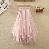 不规则网纱半身裙女春夏新款 纱裙 高腰A字裙拼接大摆蓬蓬裙中长款