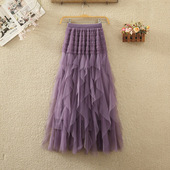 不规则网纱半身裙春夏女新款 高腰蓬蓬荷叶边蛋糕裙子中长款 a字裙