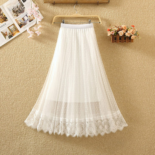 蕾丝网纱半身裙波点百褶a字纱裙