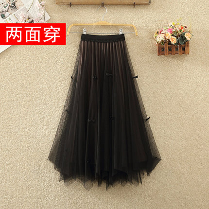 蝴蝶结纱裙女春夏高腰中长款不规则网纱半身裙两面穿金丝绒百褶裙