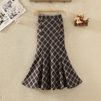 毛呢格纹鱼尾裙a字包臀半身裙子
