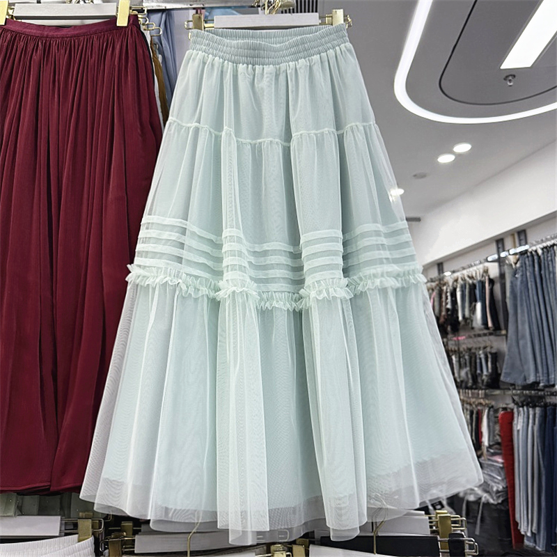 甜美网纱拼接半身裙女春夏新款高腰压褶木耳花边a字裙子蛋糕纱裙