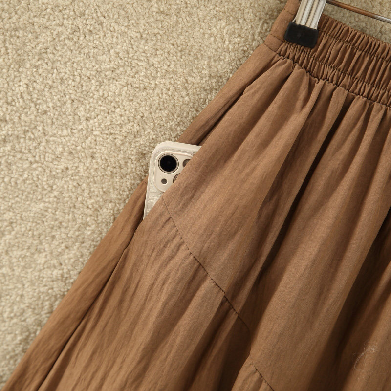 口袋拼接半身裙女夏季新款高腰褶皱铜氨丝小个子裙子中长款a字裙