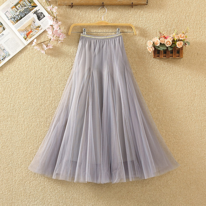 2023秋冬季新款韩版a字百褶网纱半身裙中长款蓬蓬裙仙女裙纱裙女