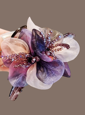 法式晕染梦幻紫色花朵抓夹女大号气质后脑勺鲨鱼夹盘发夹发卡头饰