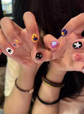 可爱穿戴甲韩系ins五角星多巴胺涂鸦穿戴甲短款学生党黄黑皮显白