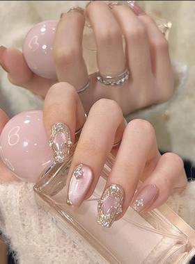 穿戴甲黄黑皮显白猫眼魔镜粉爆闪温柔美甲贴片中长款韩系lns