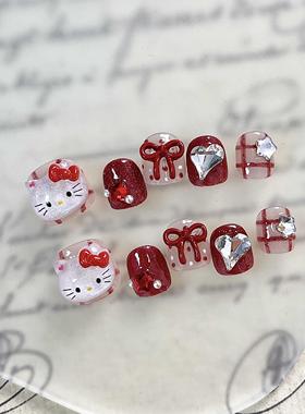 儿童穿戴甲指甲贴片可爱凯蒂猫手工穿戴甲红色短款2025新款高级感
