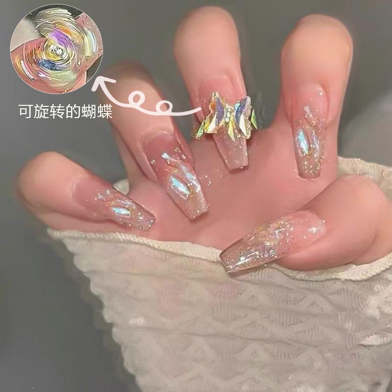 穿戴甲韩系ins清透可旋转冰封蝴蝶闪耀黄黑皮显白穿戴甲中长款