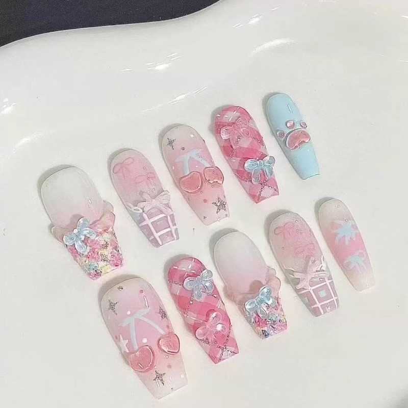 碎花樱桃手工穿戴甲夏日少女石膏蝴蝶结可爱新款指甲贴片学生