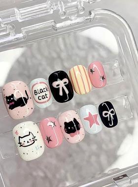 新款儿童穿戴美甲可爱卡通猫咪少女ins跳色搭配手绘短款指甲贴片