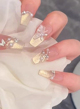 2025新款秋冬金光猫眼蝴蝶纯欲高级感儿童穿戴甲显白爆闪美甲学生