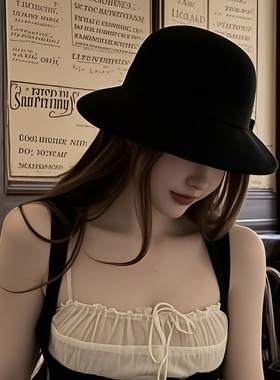 野草莓/fifi小姐    美美复古少女法式丝绒蝴蝶结秋冬渔夫帽盆帽