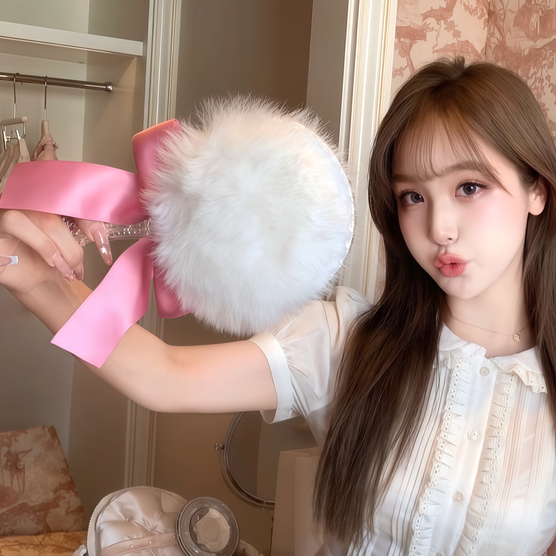 现货/棉花糖 龙心同款可爱少女心毛绒蝴蝶结手持便携ins化妆镜