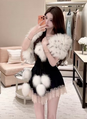 千金雪妲狐  26新款千金感山猫纹狐狸毛皮草马甲毛球围巾披肩围脖