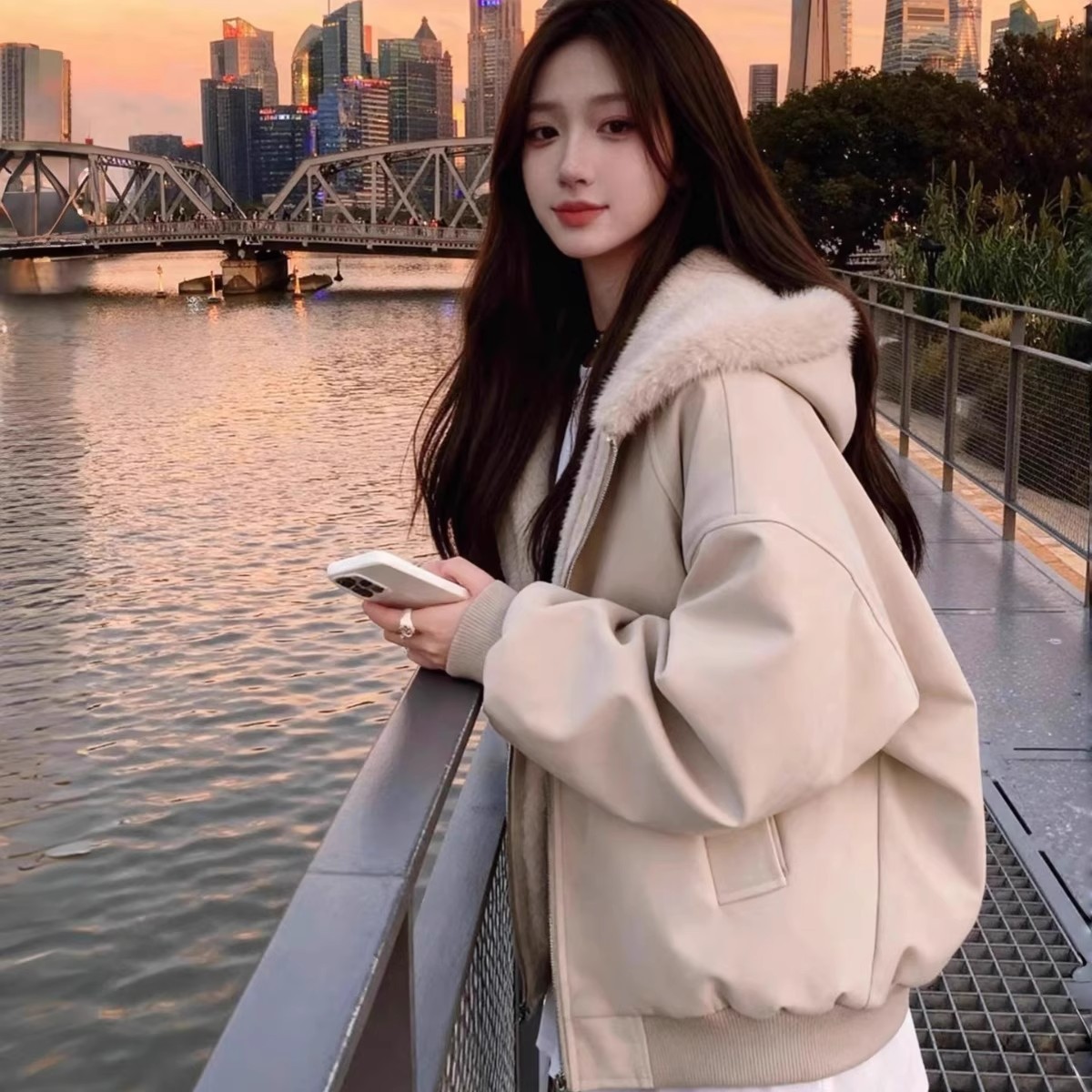 美式连帽座山雕皮衣外套棉服男女款冬季加绒加厚保暖毛领棉衣夹克