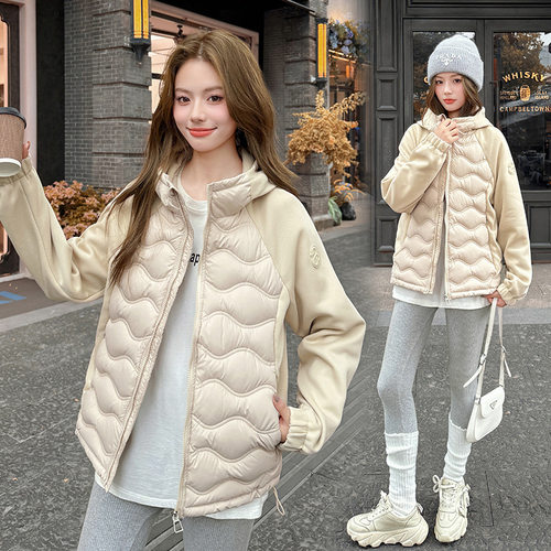 跨境波浪纹连帽拼接情侣棉服女短款2026新款轻薄外套棉袄宽松棉衣