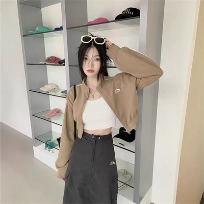 美式复古正肩长袖运动短款卫衣外套女秋季小个子辣妹夹克开衫上衣