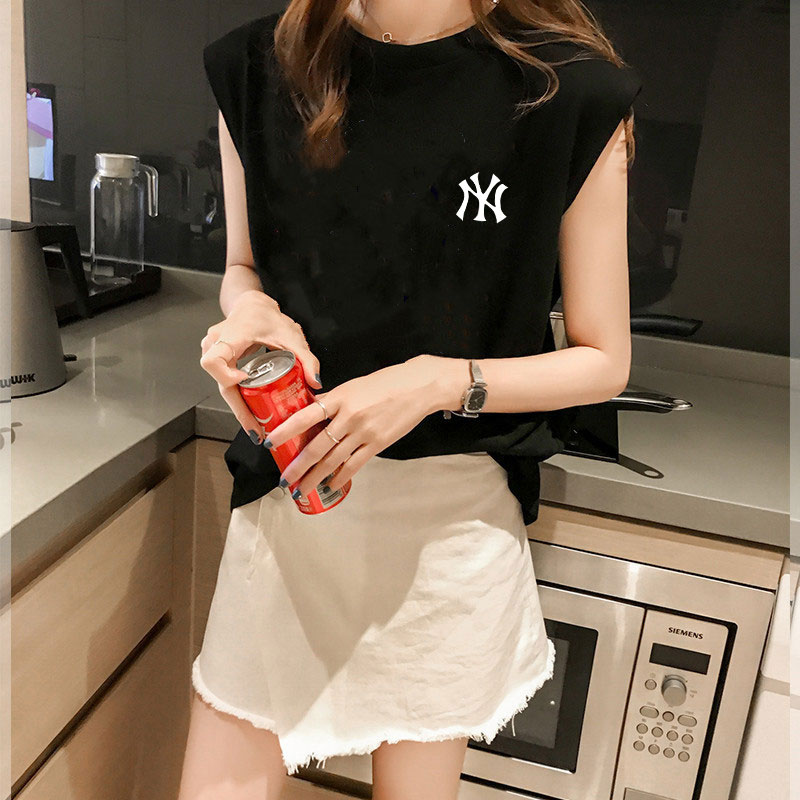 32021夏装新款潮牌无袖t恤女宽松百搭纯棉背心男设计感超火ins上衣