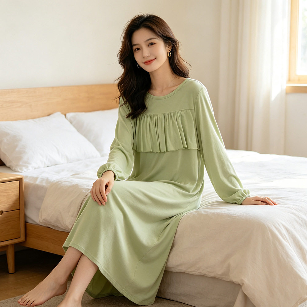 女棉免穿胸罩防凸点加肥大码宽松柔软舒适防走光可外穿居家长袖裙