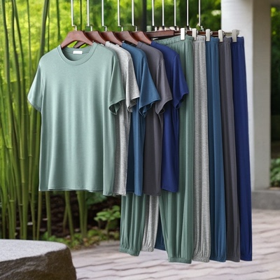 男大码夏莫代尔薄款圆领短袖长裤两件套宽松T恤束脚裤可外穿套装