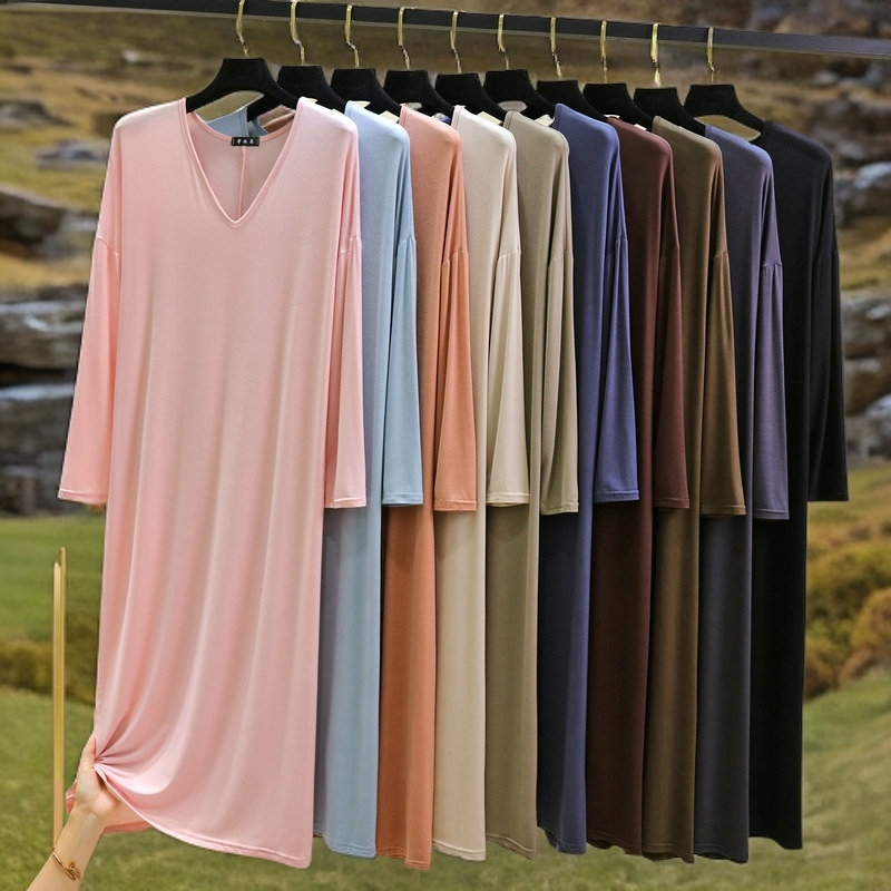 莫代尔V领薄款连衣裙女装夏季宽松显瘦洋气长袖T恤裙纯色大码长裙