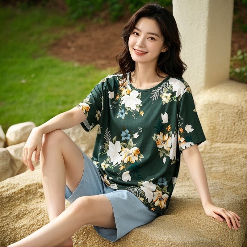 女夏加大号竹纤维超柔软舒适加肥大码宽松休闲居家可外穿家居短袖
