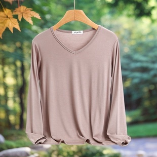 加肥加大码胖mm莫代尔打底衫女春秋季v领洋气百搭长袖t恤薄款上衣
