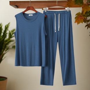 2026新款男休闲简约两件套莫代尔圆领大码背心宽松口袋长裤家居服