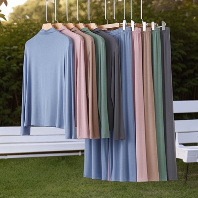 女款莫代尔半高领长袖阔腿裤两件套薄款休闲百搭加大码家居服套装