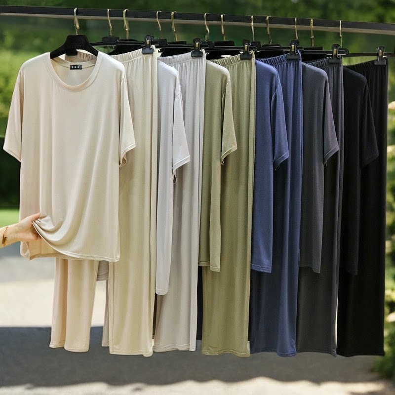 莫代尔男士睡衣夏季薄款短袖宽松长裤可外穿家居服套装大码两件套