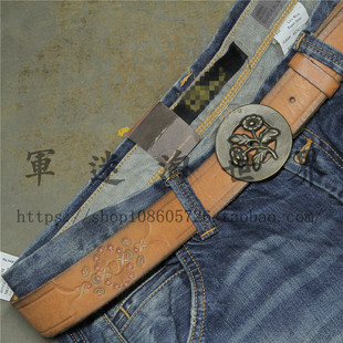 RRL复古板扣腰带Vintage机车牛仔裤 植鞣做旧雕花头层皮带阿美咔叽