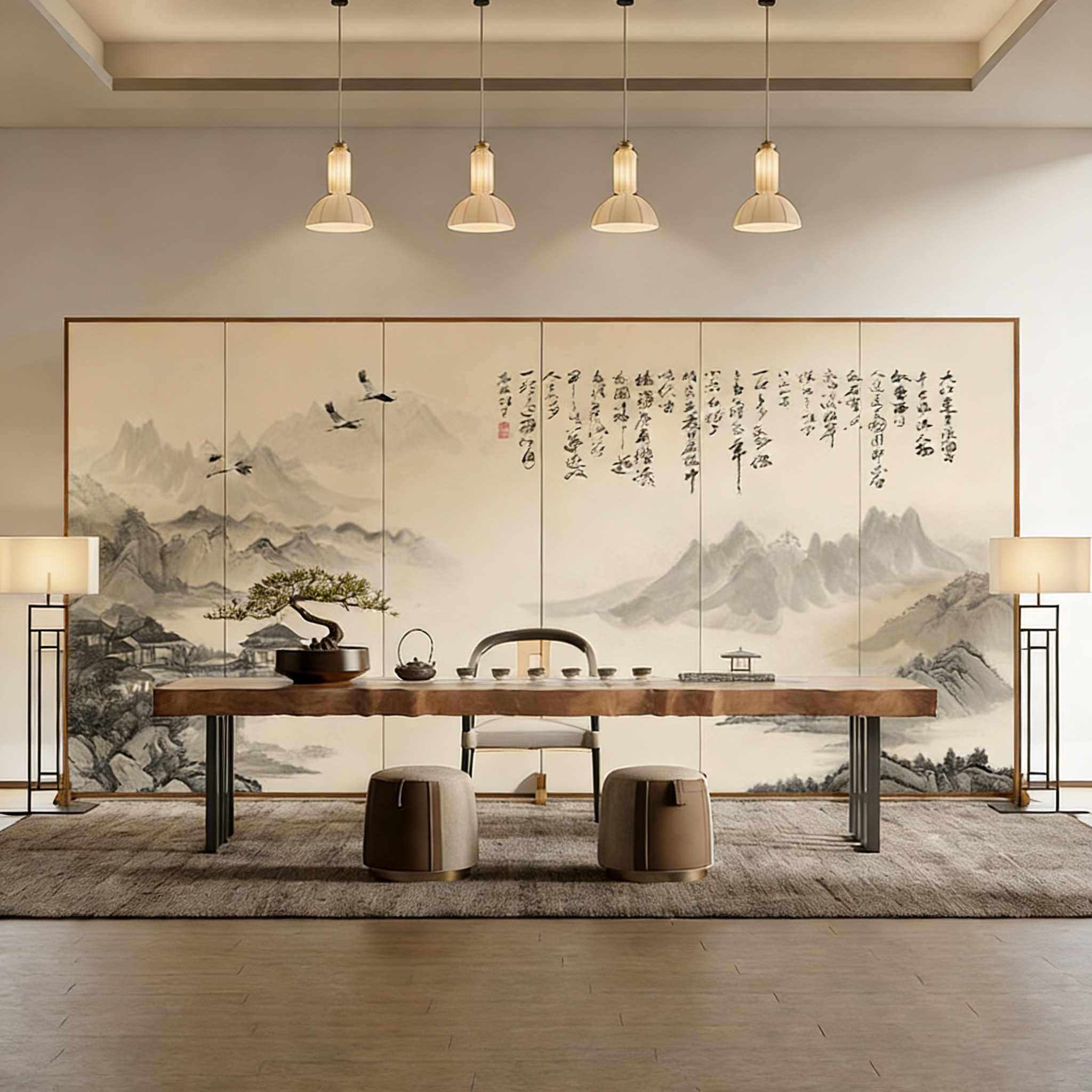 新中式山水实木屏风隔断客厅茶室折叠移动酒店大厅背景墙装饰遮挡