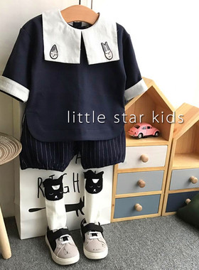 韩国童装春秋款男女童宝宝海军领蓝白拼色中袖短裤两件套装90-120