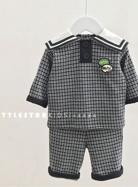 韩国童装春秋男女童宝宝可爱海军风纯棉格子上衣短裤套装90-120