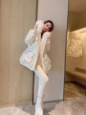 重工钉珠羽绒服女2023冬季新款中长款大毛领连帽鸭绒防寒保暖外套