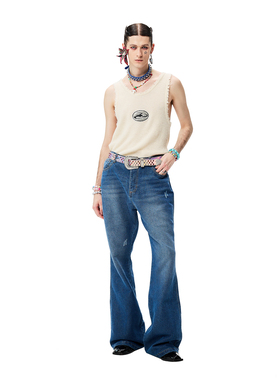 CyCyCy Y2K千禧 作旧蓝水洗复古抓须破坏金线休闲百搭喇叭牛仔裤