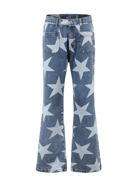 CyCyCy Y2K千禧春夏原创朋克水洗做旧五角星满版休闲微喇牛仔裤