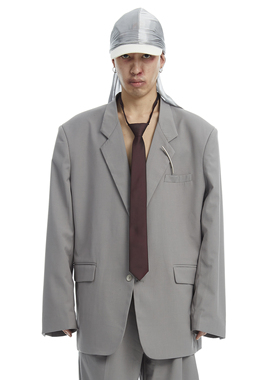 ERISSTOFF浅灰色单排扣VINTAGE质感复古时装廓形垂感垫肩西装